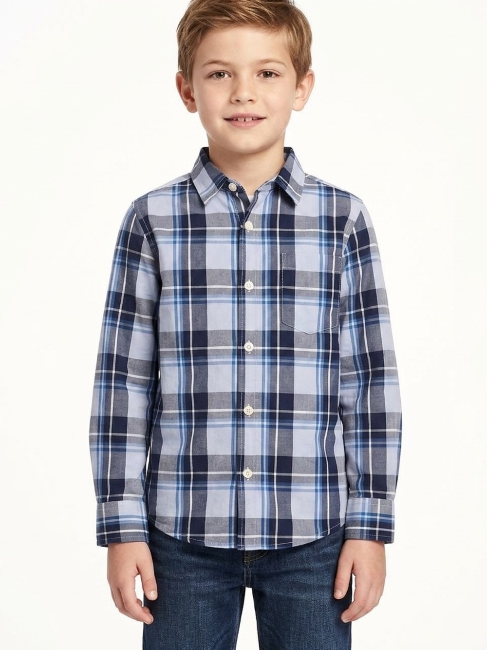 Old Navy Boys Blue Plaid Button-Down Shirt Sz M 8 Cotton Classic